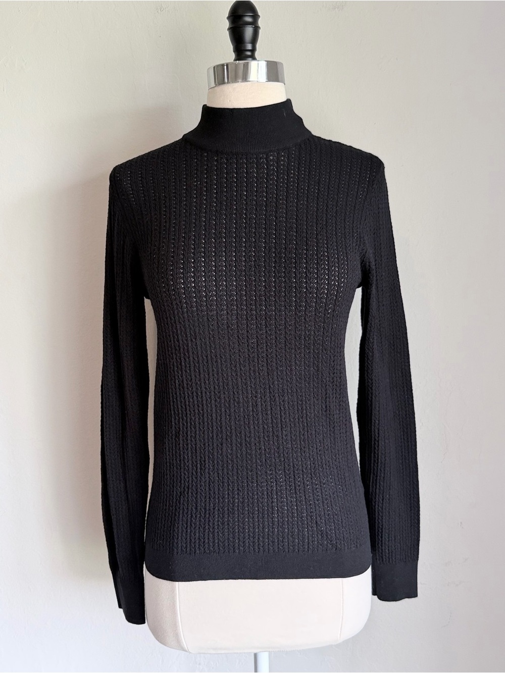 ELIE Elie Tahari Mock Neck Pointelle Fitted Sweater, Black, Size XS